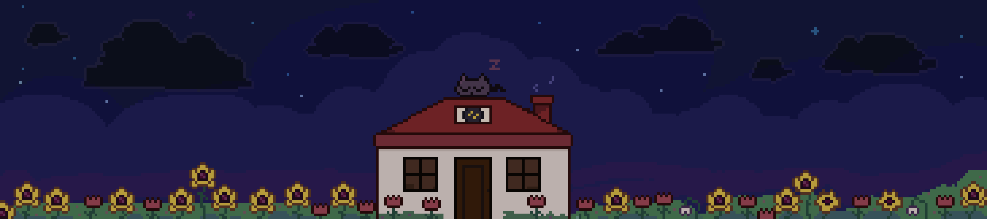 An animation of a compsigh cottage amidst a field of flowers. A cat is sleeping on the roof. Puffs of smoke rise from the chimney. The clouds and flowers gently move.