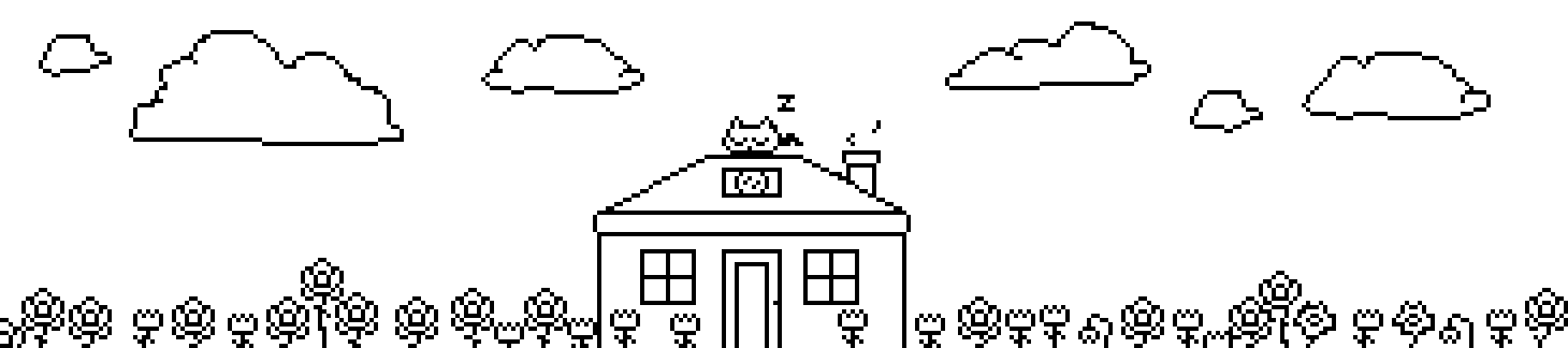 An animation of a compsigh cottage amidst a field of flowers. A cat is sleeping on the roof. Puffs of smoke rise from the chimney. The clouds and flowers gently move.